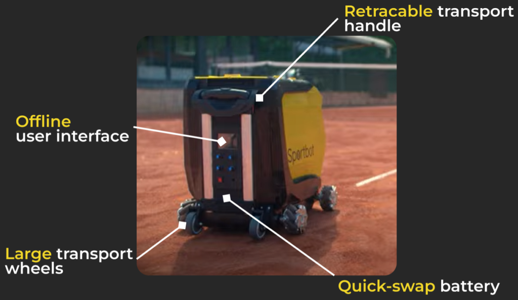 Back of a tennis ball machine with highlighted features