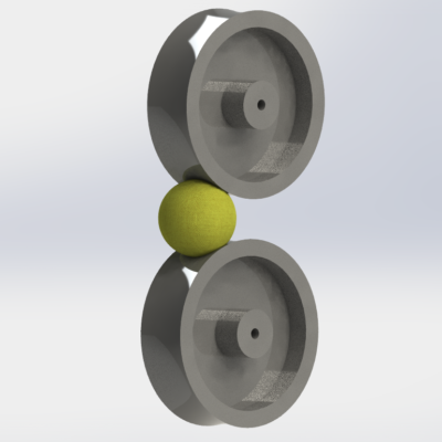 Render of launcher wheels and a tennis ball