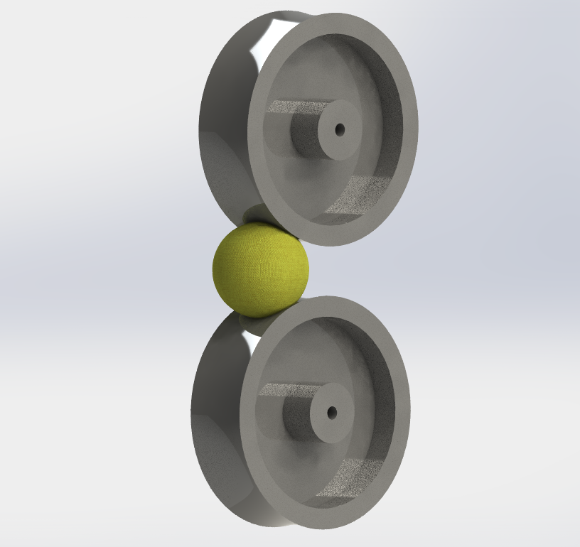 Render of launcher wheels and a tennis ball