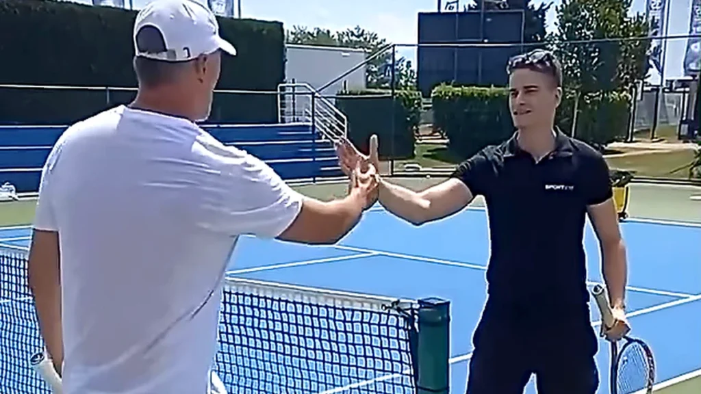 Goran Ivanišević greeting Toni Ulčar at the net during ATP Umag 2025