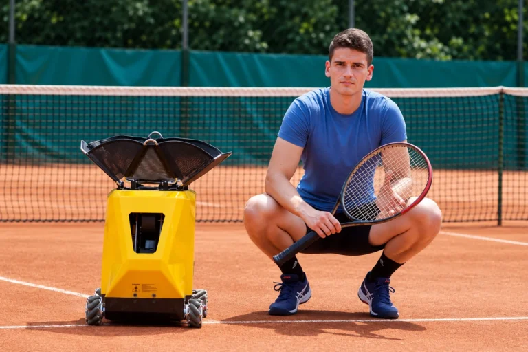 Toni Ulcar beside the yellow Sportbot prototype on a clay tennis court