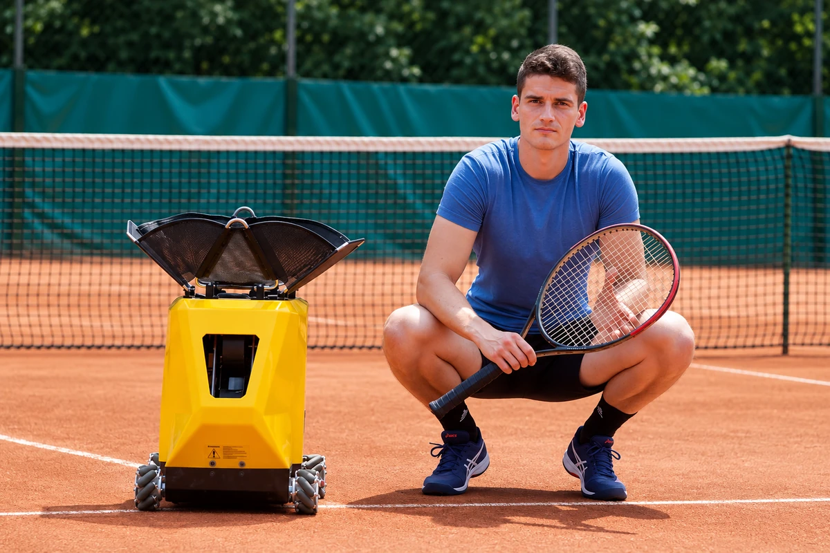 Toni Ulcar beside the yellow Sportbot prototype on a clay tennis court